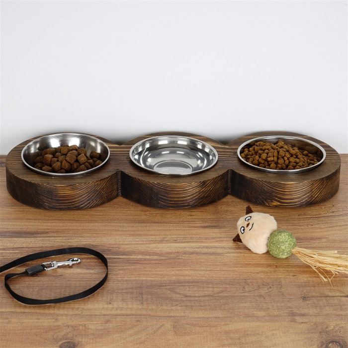 Hanah Home Comedero para Mascotas en Madera de Abeto Color Nogal Ancho 16.5 cm Alto 3.5 cm Profundo 48 cm